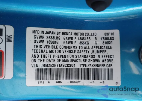 2010 Honda Insight Ex z USA, uszkodzony, nr VIN JHMZE2H71AS032904